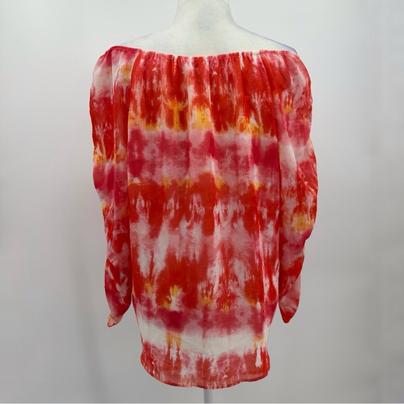 Calvin Klein Cinched Sleeve Chiffon Tie Dye Top Ginger Combo Sz L - Picture 5 of 11